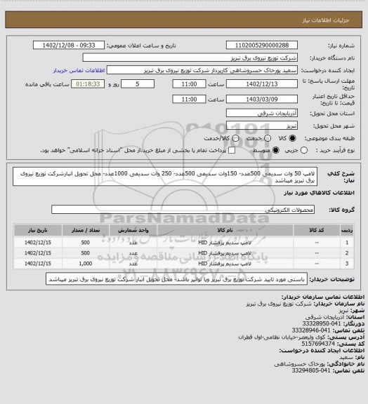 استعلام لامپ 50 وات سدیمی 500عدد- 150وات سدیمی 500عدد- 250 وات سدیمی 1000عدد- محل تحویل انبارشرکت توزیع نیروی برق تبریز میباشد