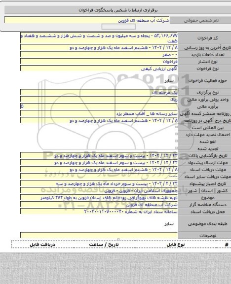 مناقصه, تهیه نقشه های توپوگرافی رودخانه های استان قزوین به طول ۳۸۳ کیلومتر