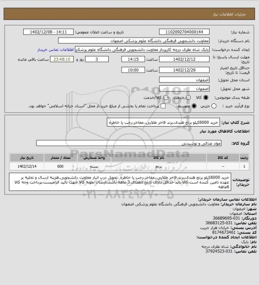 استعلام خرید 6000کیلو برنج هندی،برند فاخر طلایی،،مفاخر،رجب یا خاطره