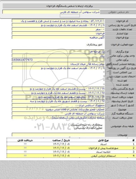 مناقصه, عملیات تعمیر وبازسازی بخشی از کانال اصلی درودزن