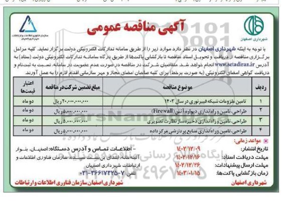 مناقصه تامین ملزومات شبکه فیبر نوری..