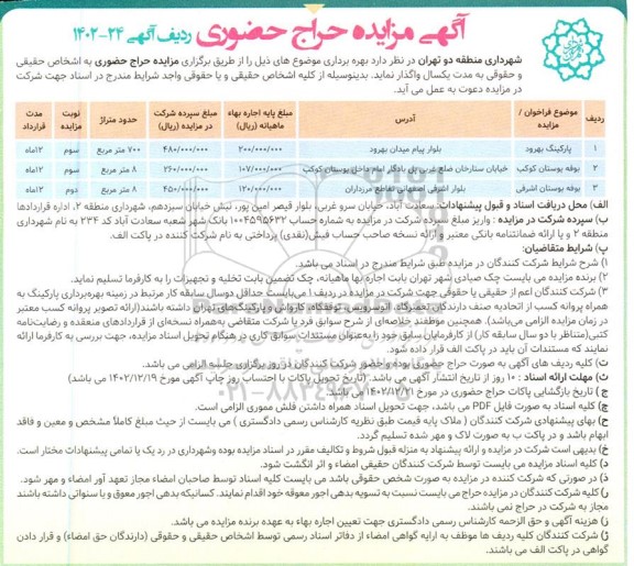 مزایده بهره برداری از پارکینگ بهرود و بوفه