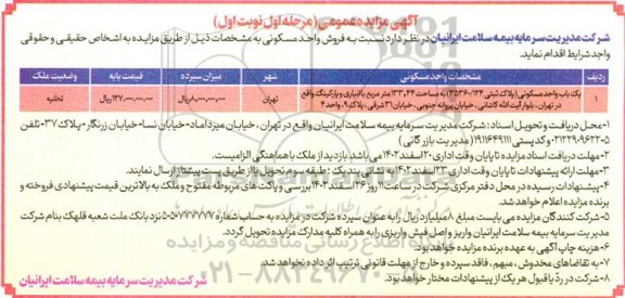 مزایده فروش واحد مسکونی ـ مرحله اول (نوبت اول)