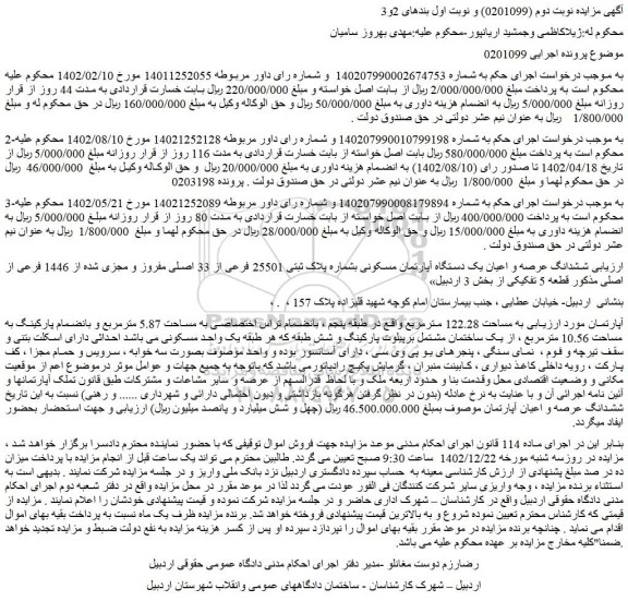 مزایده ششدانگ عرصه و اعیان یک دستگاه آپارتمان مسکونی بشماره پلاک ثبتی 25501 فرعی 