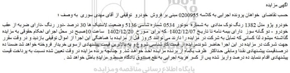 مزایده خودرو پژو مدل 1382 رنگ نوک مدادی