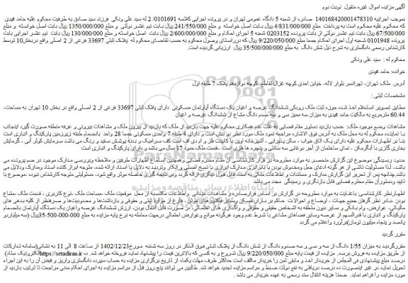 مزایده ششدانگ عرصه و اعیان یک دستگاه آپارتمان مسکونی دارای پلاک ثبتی 33697 فرعی از 2 اصلی