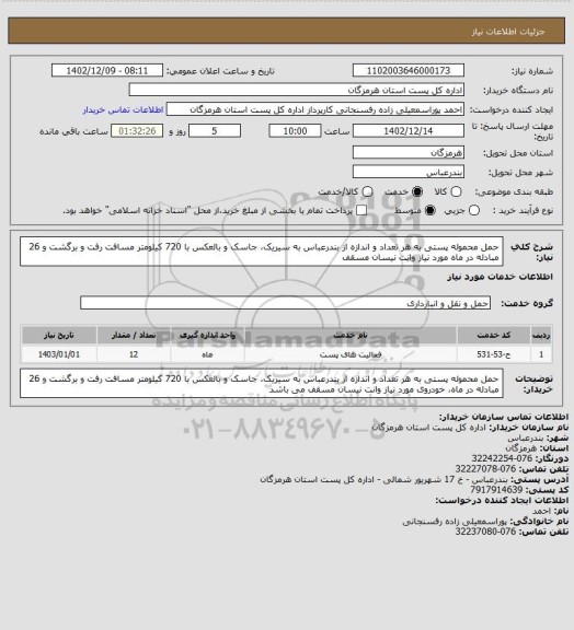 استعلام حمل محموله پستی به هر تعداد و اندازه از بندرعباس به سیریک، جاسک و بالعکس با 720 کیلومتر مسافت رفت و برگشت و 26 مبادله در ماه مورد نیاز وانت نیسان مسقف