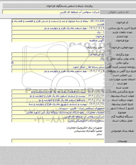 مناقصه, عملیات تعمیرات ، رفع اشکال و راه اندازی نیروگاه برق آبی شهید طالبی