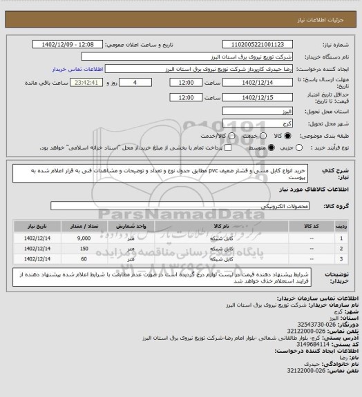 استعلام خرید انواع کابل مسی و فشار ضعیف pvc مطابق جدول نوع و تعداد و توضیحات و مشاهدات فنی به قرار اعلام شده به پیوست