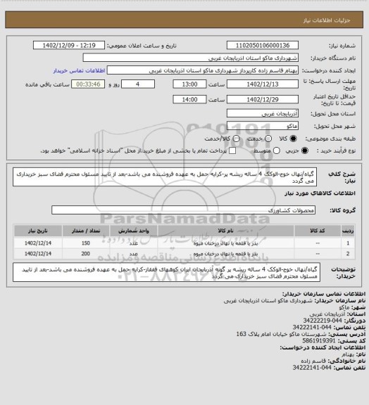 استعلام گیاه/نهال خوج-الوکک 4 ساله ریشه پر-کرایه حمل به عهده فروشنده می باشد-بعد از تایید مسئول محترم فضای سبز خریداری می گردد