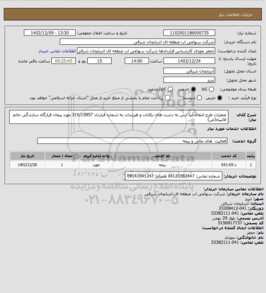 استعلام عملیات طرح انتقال آب ارس به دشت های یکانات و هرزندات به شماره قرارداد 310/15857 مورد پیمان قرارگاه سازندگی خاتم الانبیاء(ص)