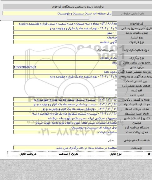 مناقصه, نگهداری تعمیرات پست های انتقال و فوق توریع ناحیه جنوب استان