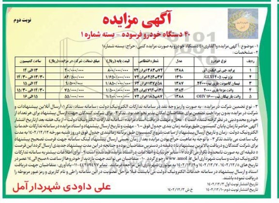 مزایده 40 دستگاه خودرو فرسوده ـ بسته شماره 1- نوبت دوم