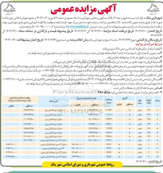 مزایده فروش 12 پلاک مسکونی و تجاری