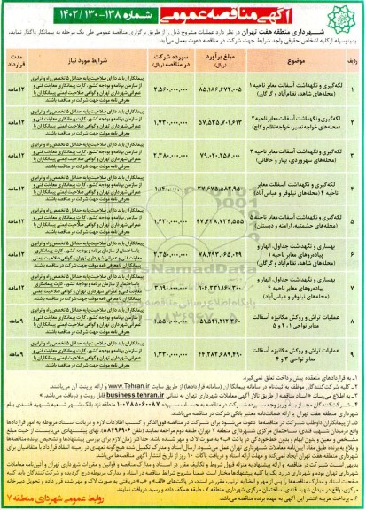 مناقصه لکه گیری و نگهداشت آسفالت معابر...