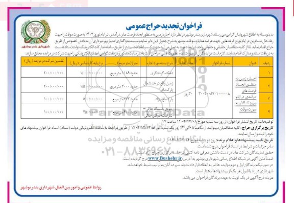 تجدید مزایده واگذاری به اجاره زمین به منظور ایجاد فرصتهای درآمدی 