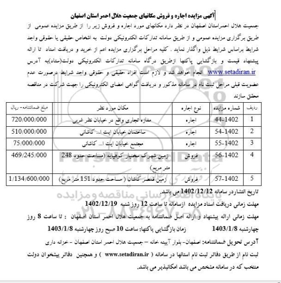 مزایده اجاره و فروش مکانهای جمعیت هلال احمر 