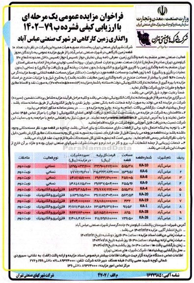 مزایده عمومی واگذاری زمین کارگاهی در شهرک صنعتی 