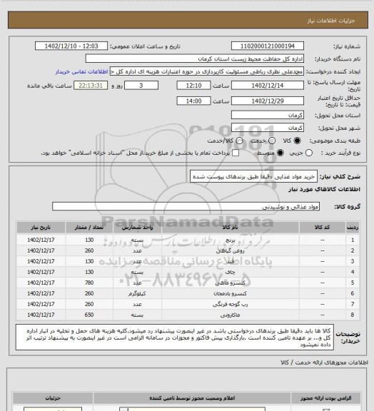 استعلام خرید مواد غذایی دقیقا طبق برندهای پیوست شده