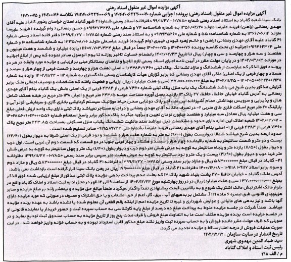 مزایده ششدانگ پلاک ثبتی شماره 7460 فرعی از 4384 فرعی