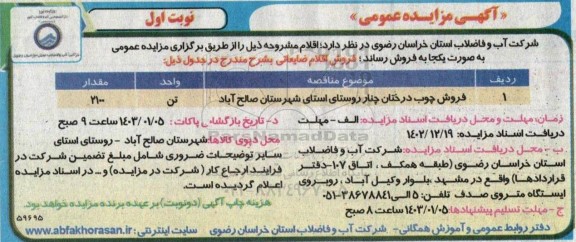 مزایده فروش چوب درختان چنار 