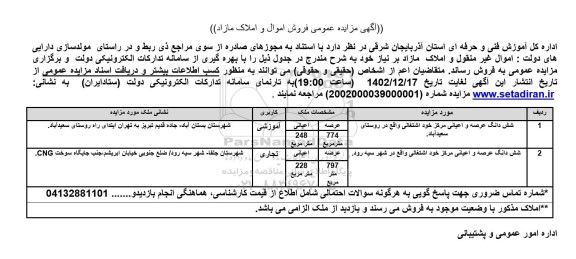 مزایده فروش 2 قطعه ملک با کاربری آموزشی - تجاری