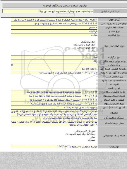 مزایده, انجام سرمایه گذاری به منظور اجرای کلیه مراحل اکتشاف و اخذ مجوزهای قانونی لازم ( گواهی کشف و بهره برداری به نام شرکت تهیه و تولید مواد معدنی ایران)