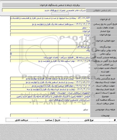 مزایده, فروش ۶ قطعه زمین با کاربری مسکونی با تراکم کم ناحیه یک شهر جدید رامین