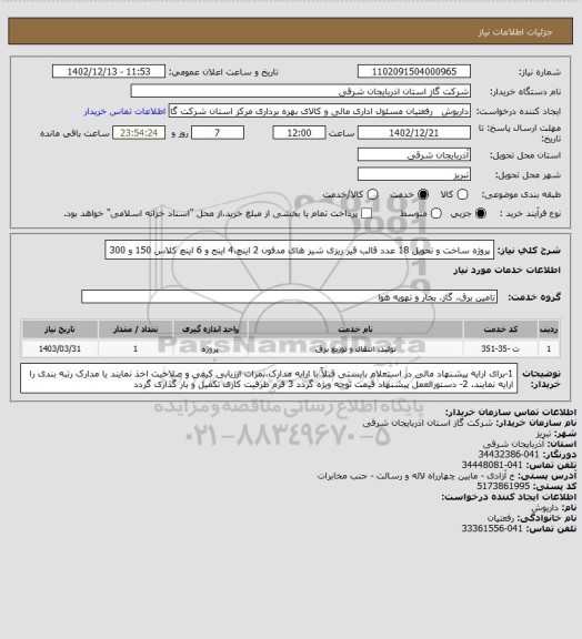 استعلام پروژه ساخت و تحویل 18 عدد قالب قیر ریزی شیر های مدفون 2 اینچ،4 اینج و 6 اینچ کلاس 150 و 300