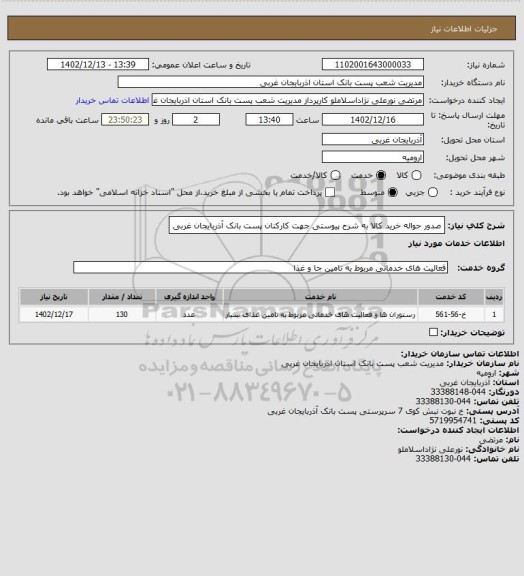 استعلام  صدور حواله خرید کالا به شرح پیوستی جهت کارکنان پست بانک آذربایجان غربی