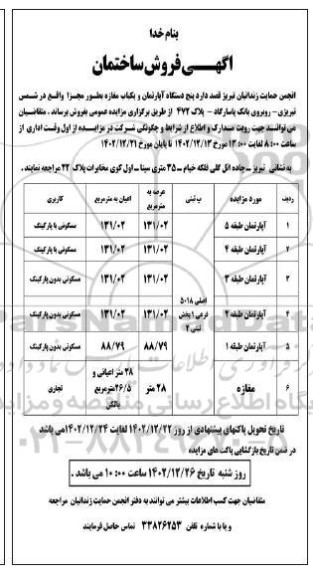 مزایده فروش 5 دستگاه آپارتمان و یک باب مغازه 