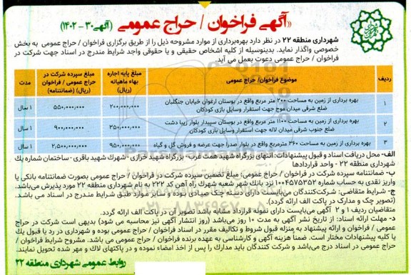 مزایده ، مزایده بهره برداری از زمین به مساحت 200 مترمربع..