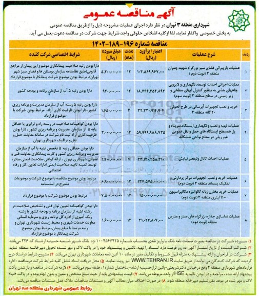 مناقصه عملیات بازپیرایی فضای سبز بزرگراه.....