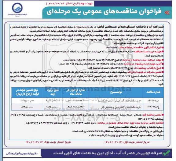 فراخوان مناقصه خرید سامانه های آب شیرین... نوبت دوم 