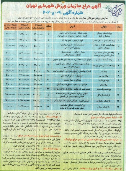 آگهی حراج بوفه و پارکینگ مجموعه های ورزشی