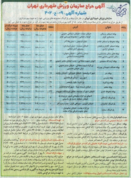 آگهی حراج بوفه و پارکینگ مجموعه ورزشی