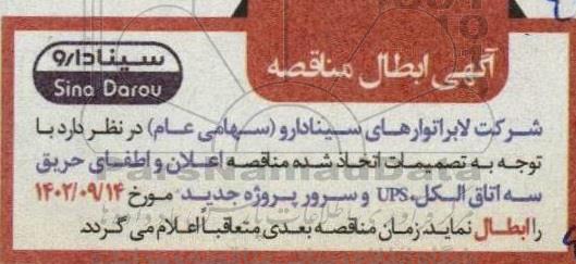 ابطال مناقصه اعلان و اطفای حریق سه اتاق الکل، UPS و سرور پروژه جدید