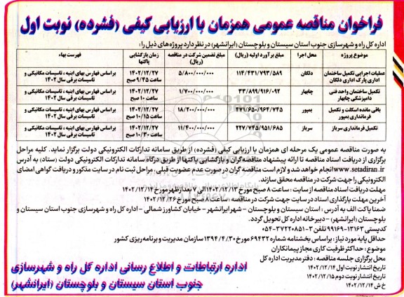 مناقصه عملیات اجرایی تکمیل ساختمان اداری پارک اداری دلگان.....