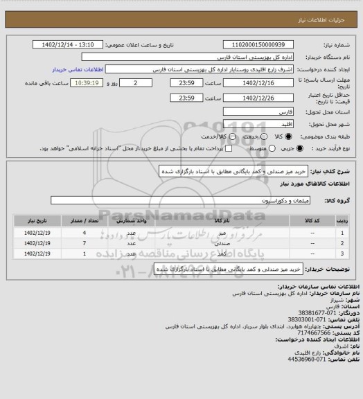 استعلام خرید میز صندلی و کمد بایگانی مطابق با اسناد بارگزاری شده