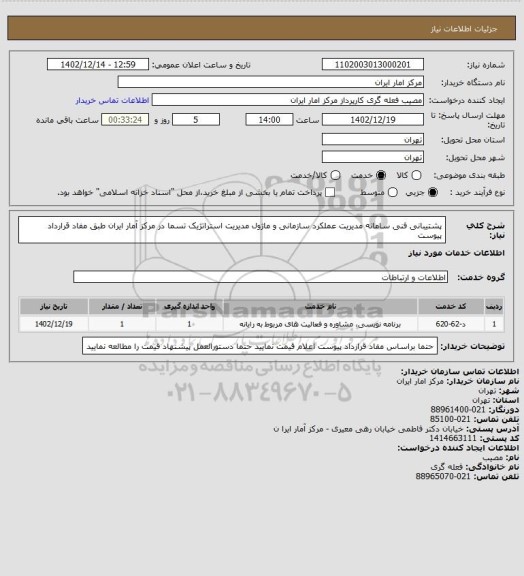 استعلام پشتیبانی فنی سامانه مدیریت عملکرد سازمانی و ماژول مدیریت استراتژیک تسما در مرکز آمار ایران طبق مفاد قرارداد پیوست