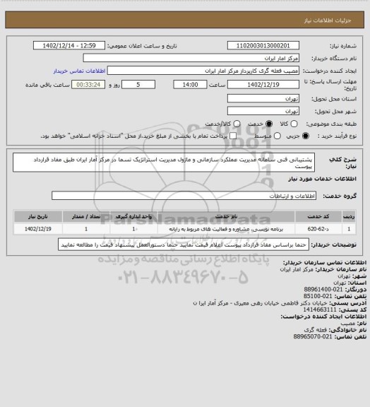 استعلام پشتیبانی فنی سامانه مدیریت عملکرد سازمانی  و  ماژول مدیریت استراتژیک تسما در مرکز آمار ایران طبق مفاد قرارداد پیوست