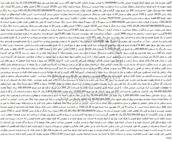 آگهی مزایده ششدانگ عرصه و اعیان پلاک ثبتی 16105 فرعی از 1783 اصلی