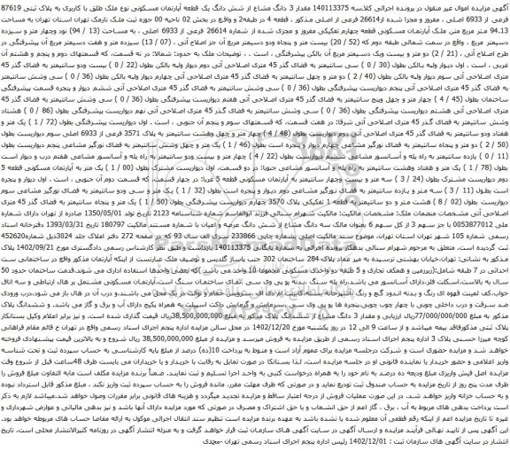 مزایده مقدار 3 دانگ مشاع از شش دانگ یک قطعه آپارتمان مسکونی