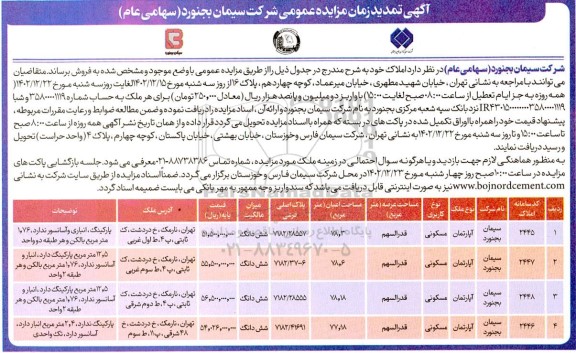 تمدید مزایده فروش چهار آپارتمان مسکونی مساحت 78 مترمربع 