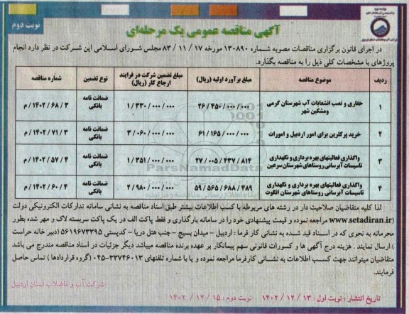 مناقصه حفاری و نصب انشعابات آب ...- نوبت دوم