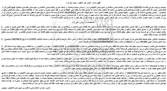 مزایده فروش شش دانگ عرصه واعیان یک قطعه زمین مشتمل بر ساختمان در حال ساخت به شماره پلاک ثبتی 3187 فرعی از 18 اصلی