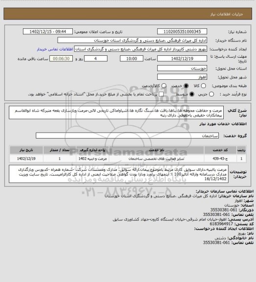 استعلام مرمت و حفاظت محوطه ها،بناها،بافت ها،سنگ نگاره ها،اشیاواماکن تاریخی لالی-مرمت وبازسازی بقعه متبرکه شاه ابوالقاسم پیمانکاران حقیقی یاحقوقی دارای رتبه