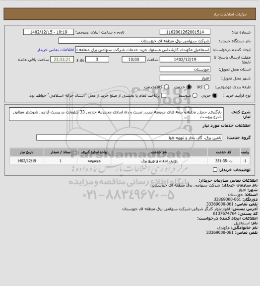 استعلام  بارگیری, حمل, تخلیه و بیمه های مربوطه نصب, تست و راه اندازی مجموعه خازنی 33 کیلوولت در پست فرعی شوشتر مطابق شرح پیوست