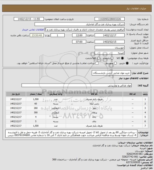 استعلام خرید مواد غذایی جشن بازنشستگان