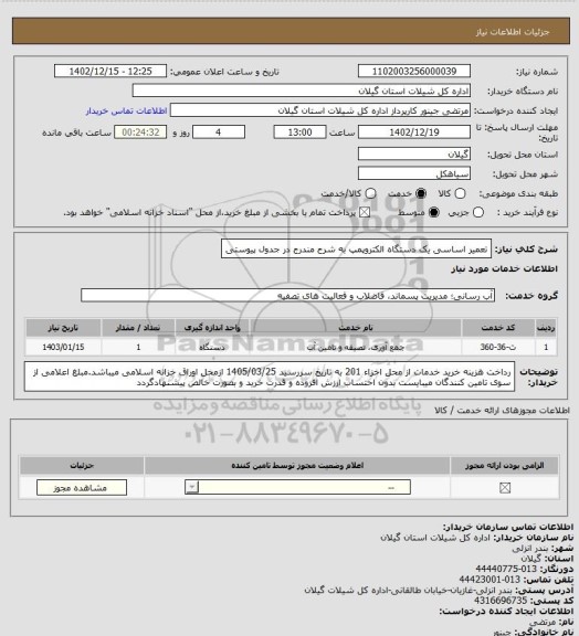 استعلام تعمیر اساسی یک دستگاه الکتروپمپ به شرح مندرج در جدول پیوستی